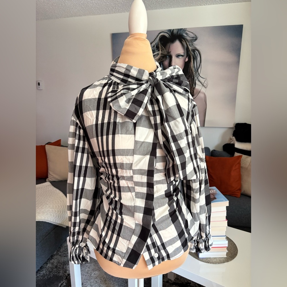 Zara Black & White Plaid Bow Back Blouse